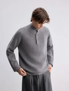 Manfinity CasualKnits 男士羅紋極簡風半開襟鈕扣長袖針織衫，老錢風 - 灰色 - 查看 1