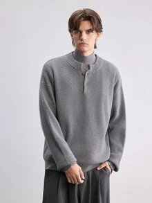 Manfinity CasualKnits 男士羅紋極簡風半開襟鈕扣長袖針織衫，老錢風 - 灰色 - 查看 4