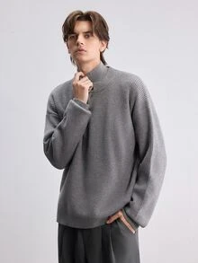 Manfinity CasualKnits 男士羅紋極簡風半開襟鈕扣長袖針織衫，老錢風 - 灰色 - 查看 5