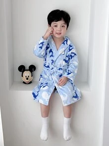 SHEIN Little Byeori Kids Young Boy Dolphin Whale Pattern Fleece Lined Thick Long Sleeve Tie Collar Plush Robe, Bathrobe Cover-Up, Suitable For Indoor And Outdoor Use In Autumn And Winter - Baby Blue - View 5