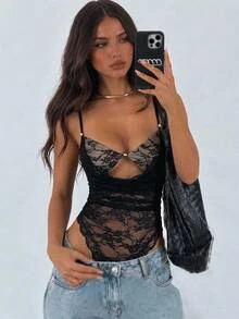 Aloruh Black Lace Women's Cutout Design Pleated Sexy Camisole Camisole - Black - View 7