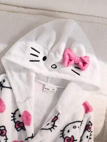 HELLO KITTY AND FRIENDS | SHEIN رداء منزلي بقلنسوة للفتيات المراهقات بطبعة كرتونية، كاجوال ولطيف، أبيض، للخريف، للاستخدام اليومي والمنزلي والنوم - أبيض - مشاهدة 4