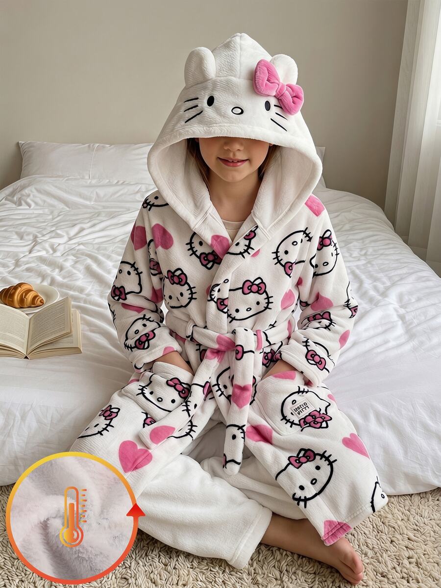 HELLO KITTY AND FRIENDS | SHEIN رداء منزلي بقلنسوة للفتيات المراهقات بطبعة كرتونية، كاجوال ولطيف، أبيض، للخريف، للاستخدام اليومي والمنزلي والنوم - أبيض - مشاهدة 1