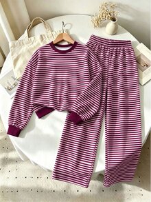 青少年女孩 2 件組 酒紅色條紋長袖圓領套頭運動衫與寬腿長褲套裝，舒適休閒，紅色上衣，冬季穿搭 - 彩色 - 查看 4