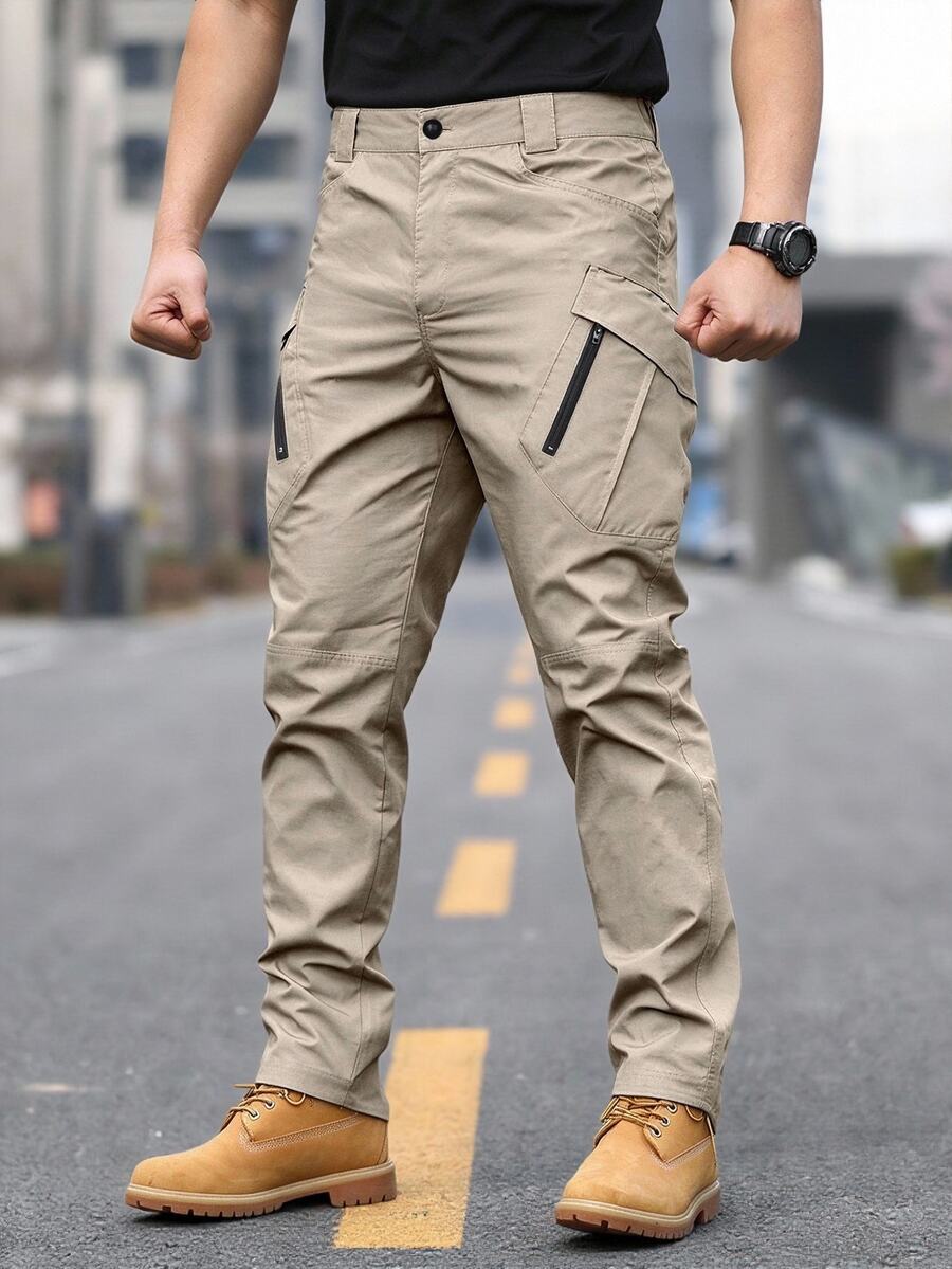 Manfinity Homme 男士纯色抽绳腰拉链口袋弹力袖口休闲裤锥形长款卡其色外出装,适合秋季 - 卡其色 - 查看 1