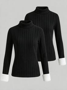 SHEIN 女童隨機2件組冬季長袖套頭毛衣上衣 - 黑色 - 查看 6
