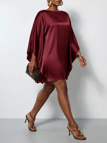 Zivah New Fall/Winter Plus Size Women's Brown Cape With Batwing Sleeves Mini Dress/Vacation/Elegant/Holiday/Party/Festival/Boho/Concert/Office/Commuting - Burgundy - View 5