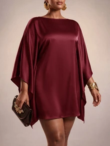 Zivah New Fall/Winter Plus Size Women's Brown Cape With Batwing Sleeves Mini Dress/Vacation/Elegant/Holiday/Party/Festival/Boho/Concert/Office/Commuting - Burgundy - View 4