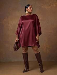 Zivah New Fall/Winter Plus Size Women's Brown Cape With Batwing Sleeves Mini Dress/Vacation/Elegant/Holiday/Party/Festival/Boho/Concert/Office/Commuting - Burgundy - View 1