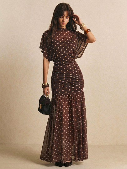 Poéselle Women's Fall Polka Dot Stand-Collar Batwing Sleeve Pleated Mermaid Hem Dress For Halloween, Christmas & New Year Parties
