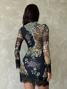 Aloruh Women's Autumn/Winter Party Dress With Metallic Decor And Leopard Print, Fitted Style - Multicolor - View 2