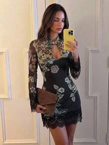 Aloruh Women's Autumn/Winter Party Dress With Metallic Decor And Leopard Print, Fitted Style - Multicolor - View 1