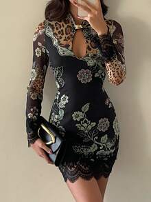 Aloruh Women's Autumn/Winter Party Dress With Metallic Decor And Leopard Print, Fitted Style - Multicolor - View 3