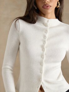 SHEIN BAE 女款休閒純色前開扣T恤 - 白色 - 查看 7