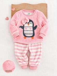 SHEIN 女嬰秋冬企鵝圖案蝴蝶結飾品可愛法蘭絨舒適保暖家居服適合各種休閒場合 - 粉色 - 查看 4