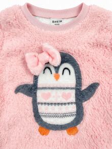 SHEIN 女嬰秋冬企鵝圖案蝴蝶結飾品可愛法蘭絨舒適保暖家居服適合各種休閒場合 - 粉色 - 查看 3