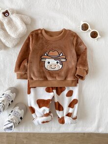 SHEIN Playful Pals 2件組幼兒男童運動衫長褲套裝 西部風棕色白色毛絨牛紋卡通針織長袖圓領修身羅紋冬季派對穿搭 - 巧克力棕 - 查看 3