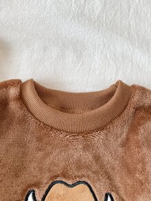 SHEIN Playful Pals 2件組幼兒男童運動衫長褲套裝 西部風棕色白色毛絨牛紋卡通針織長袖圓領修身羅紋冬季派對穿搭 - 巧克力棕 - 查看 5