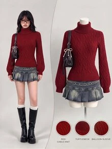 Elamini Women's Cute Sweet Holiday Outfit Red Sweater Slim Fit Casual Versatile Daily Wear Party - Burgundy - View 1