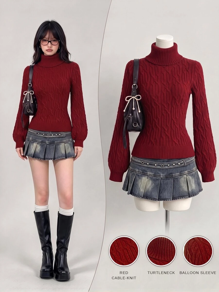 Elamini Women's Cute Sweet Holiday Outfit Red Sweater Slim Fit Casual Versatile Daily Wear Party - Burgundy - View 1