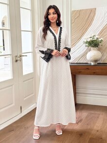Mulvari Women's Loose Long Sleeve Dress With Polka Dot Contrast Lace Decor Casual Daily Arabic Style Spring Autumn Going Out Lace - White - View 7