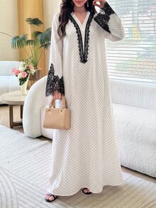 Mulvari Women's Loose Long Sleeve Dress With Polka Dot Contrast Lace Decor Casual Daily Arabic Style Spring Autumn Going Out Lace - White - View 4