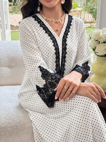 Mulvari Women's Loose Long Sleeve Dress With Polka Dot Contrast Lace Decor Casual Daily Arabic Style Spring Autumn Going Out Lace - White - View 3