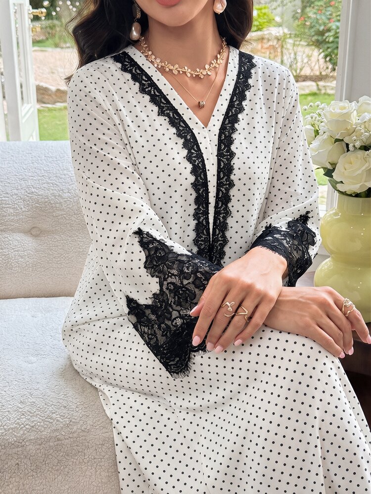 Mulvari Women's Loose Long Sleeve Dress With Polka Dot Contrast Lace Decor Casual Daily Arabic Style Spring Autumn Going Out Lace - White - View 3