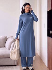 Solavon Women's Letter Print Raglan Long Sleeve Hooded Long Top And Pants Sports Set - Blue - View 6