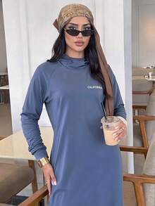 Solavon Women's Letter Print Raglan Long Sleeve Hooded Long Top And Pants Sports Set - Blue - View 8