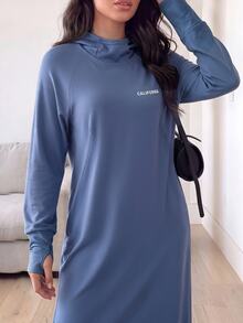 Solavon Women's Letter Print Raglan Long Sleeve Hooded Long Top And Pants Sports Set - Blue - View 5
