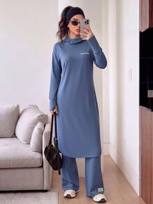 Solavon Women's Letter Print Raglan Long Sleeve Hooded Long Top And Pants Sports Set - Blue - View 7