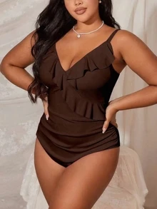 SHEIN Swim Curve 大码女式连体纯色荷叶边领口泳衣 - 棕色 - 查看 5