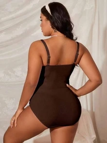 SHEIN Swim Curve 大码女式连体纯色荷叶边领口泳衣 - 棕色 - 查看 2