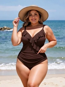 SHEIN Swim Curve 大码女式连体纯色荷叶边领口泳衣 - 棕色 - 查看 1