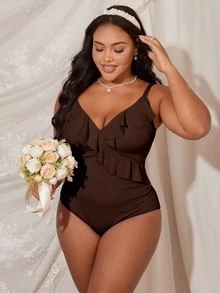 SHEIN Swim Curve 大码女式连体纯色荷叶边领口泳衣 - 棕色 - 查看 4