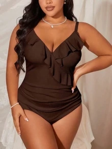SHEIN Swim Curve 大码女式连体纯色荷叶边领口泳衣 - 棕色 - 查看 3