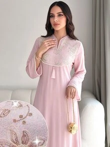 Mulvari Spring/Autumn V-Neck Bell Sleeve Beaded Embroidered Patchwork Waist-Cinching Pink Dress Going Out Casual - Baby Pink - View 2