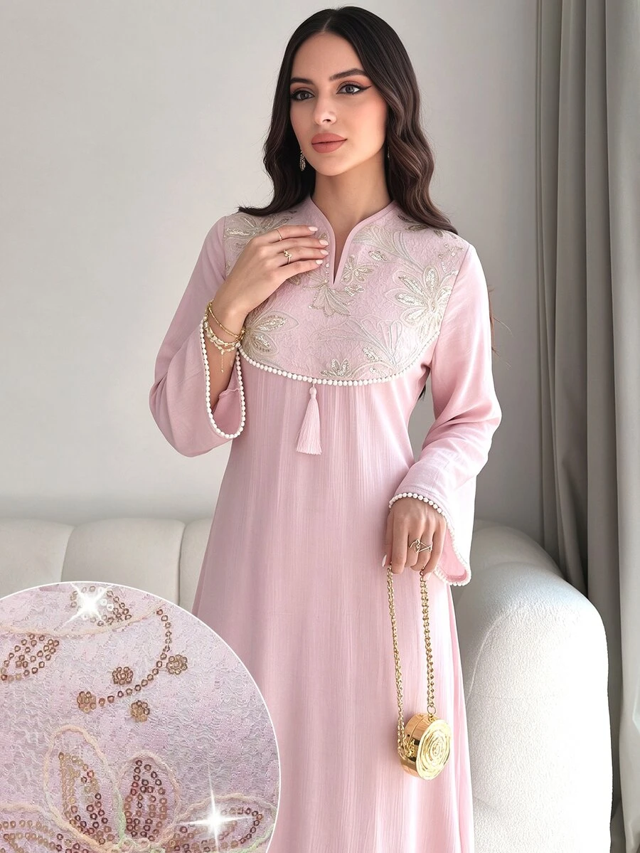 Mulvari Spring/Autumn V-Neck Bell Sleeve Beaded Embroidered Patchwork Waist-Cinching Pink Dress Going Out Casual