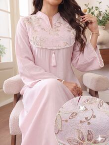 Mulvari Spring/Autumn V-Neck Bell Sleeve Beaded Embroidered Patchwork Waist-Cinching Pink Dress Going Out Casual - Baby Pink - View 4
