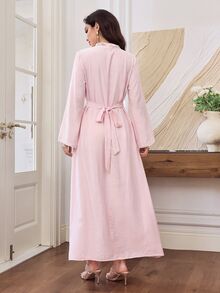 Mulvari Spring/Autumn V-Neck Bell Sleeve Beaded Embroidered Patchwork Waist-Cinching Pink Dress Going Out Casual - Baby Pink - View 9