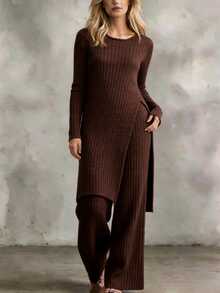 Wandoria Women's Fall 2 Pieces Set Round Neck High Slit Elastic Waist Flared Long Pants Solid Color Casual Knit Pullover Sweater Everyday Travel Dark Brown - Coffee Brown - View 4