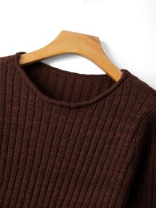 Wandoria Women's Fall 2 Pieces Set Round Neck High Slit Elastic Waist Flared Long Pants Solid Color Casual Knit Pullover Sweater Everyday Travel Dark Brown - Coffee Brown - View 6