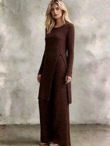 Wandoria Women's Fall 2 Pieces Set Round Neck High Slit Elastic Waist Flared Long Pants Solid Color Casual Knit Pullover Sweater Everyday Travel Dark Brown - Coffee Brown - View 5