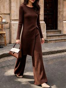 Wandoria Women's Fall 2 Pieces Set Round Neck High Slit Elastic Waist Flared Long Pants Solid Color Casual Knit Pullover Sweater Everyday Travel Dark Brown - Coffee Brown - View 1
