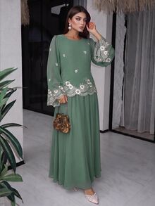 Mulvari Elegant Vintage Dark Green Flared Sleeve Daily Commute/Date/Dinner Party Heavy Embroidery Chiffon Long Dress Green Fall/Winter Sequin - Green - View 9