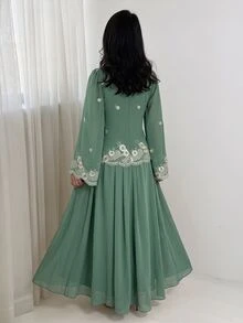Mulvari Elegant Vintage Dark Green Flared Sleeve Daily Commute/Date/Dinner Party Heavy Embroidery Chiffon Long Dress Green Fall/Winter Sequin - Green - View 7