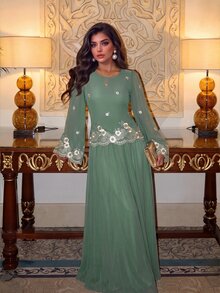 Mulvari Elegant Vintage Dark Green Flared Sleeve Daily Commute/Date/Dinner Party Heavy Embroidery Chiffon Long Dress Green Fall/Winter Sequin - Green - View 2