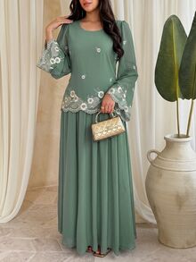 Mulvari Elegant Vintage Dark Green Flared Sleeve Daily Commute/Date/Dinner Party Heavy Embroidery Chiffon Long Dress Green Fall/Winter Sequin - Green - View 6