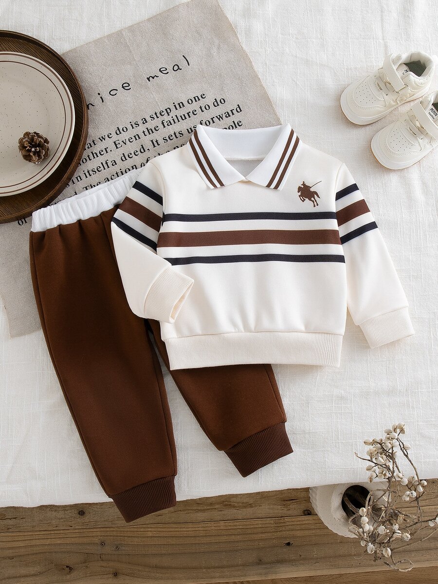 SHEIN 2pcs Toddler Boy Polo Shirt Pants Preppy Ivory Brown Navy Striped Knit Horse Embroidery Long Sleeve Collar Ribbed Fall Winter Outdoor Birthday - Multicolor - View 1